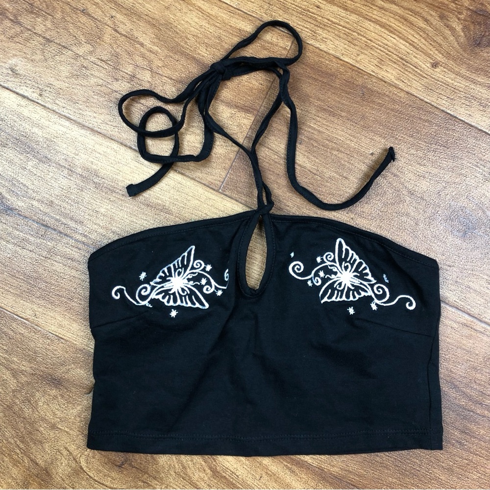 Motel Rocks Black Crop Top with White Butterfly Design
